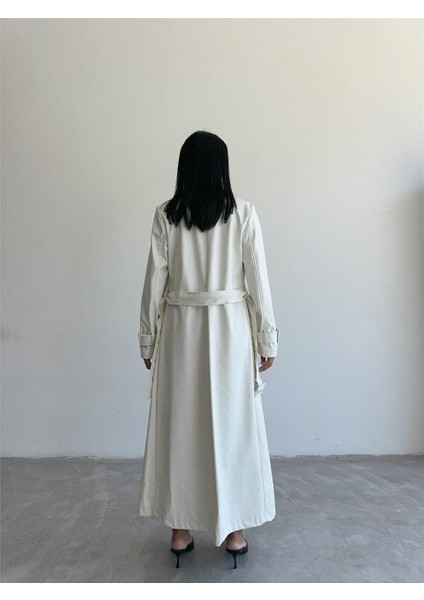 Kapitone Deri Trench - Beyaz