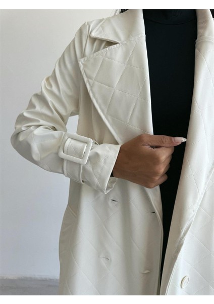 Kapitone Deri Trench - Beyaz