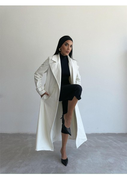 Kapitone Deri Trench - Beyaz