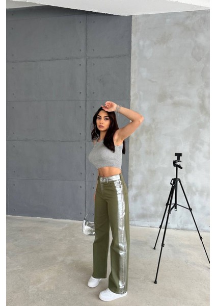 Haki Gabardin Palazzo Pantolon