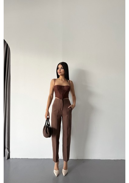 Kahverengi Atlas Kumaş Pensli Pantolon