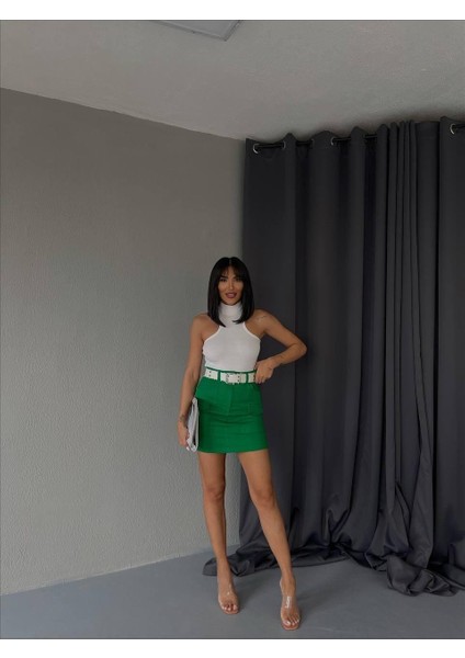 Gabardin Kısa Etek Cep Detaylı - Yeşil