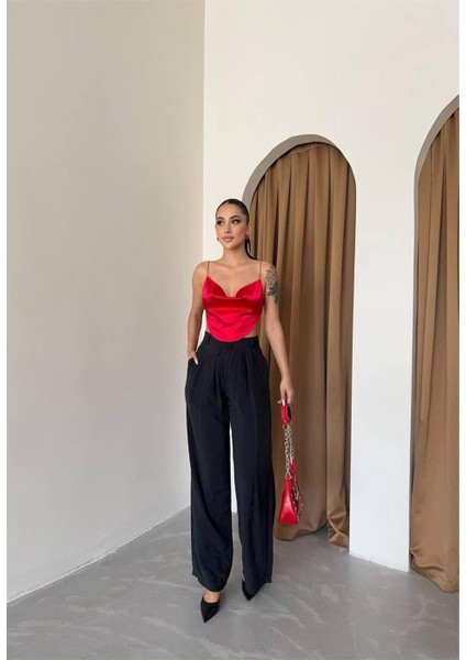 Pile ve Cep Kapak Detaylı Salaş Pantolon - Siyah