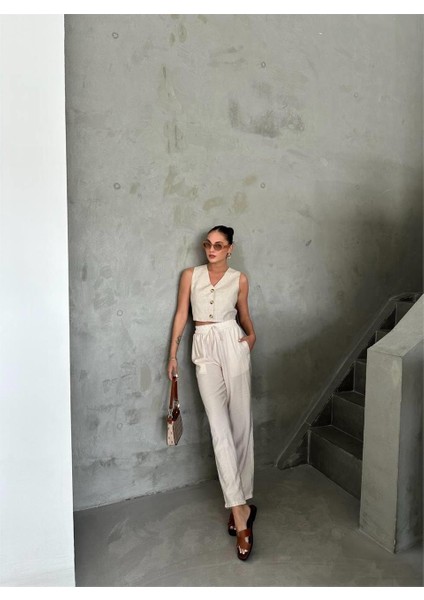 Bel Lastik Detaylı Modal Kumaş Pantolon - Bej