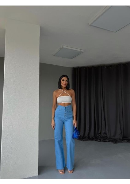 Mavi Bel Detaylı Çok Düğmeli Palazzo Jean