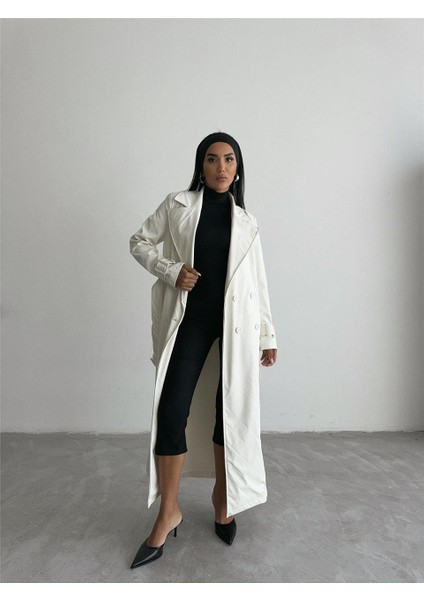 Kapitone Deri Trench - Beyaz