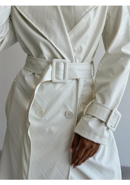 Kapitone Deri Trench - Beyaz modelleri