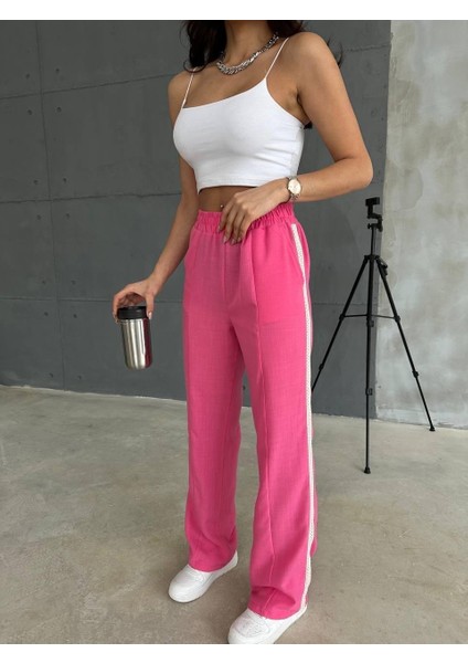Keten Bel Lastikli Kenarı Güpür Şeritli Salaş Pantolon - Pembe