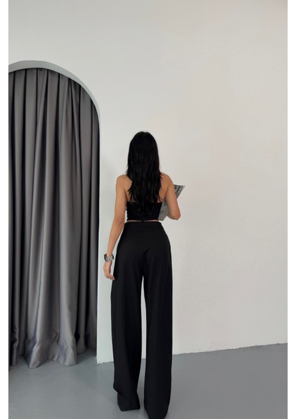 Bel Şerit Detaylı Siyah Pantolon
