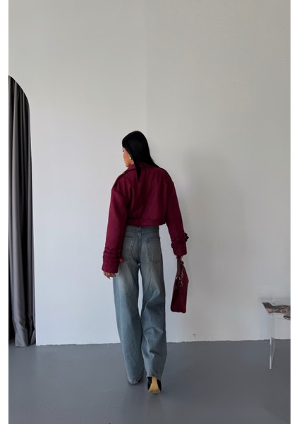 Bordo Kol Kemer Detay Crop Ceket