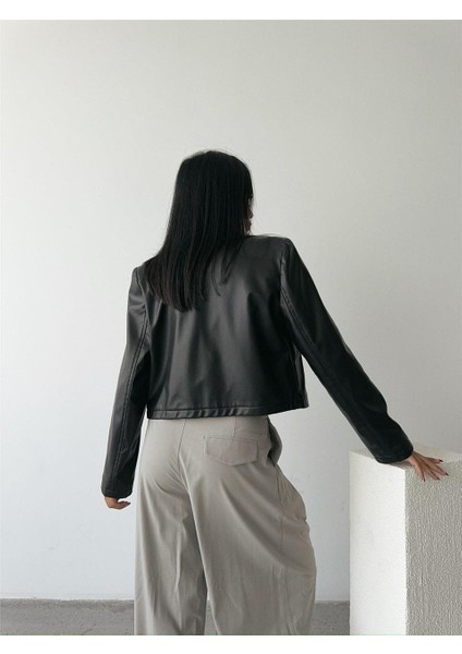 Deri Crop Ceket Tek Düğme - Siyah indirimleri