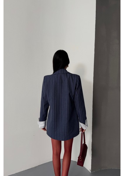 Lacivert Çizgili Ceket Tek Düğme Ekru Manşet