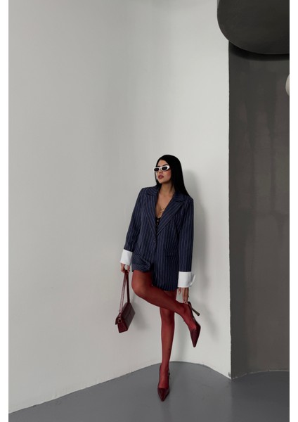 Lacivert Çizgili Ceket Tek Düğme Ekru Manşet fırsatları