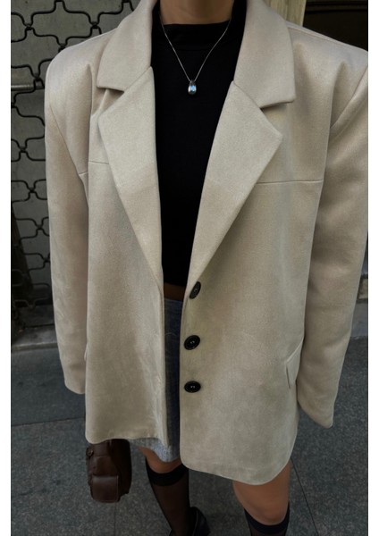 Bej Süet Düğmeli Blazer Ceket