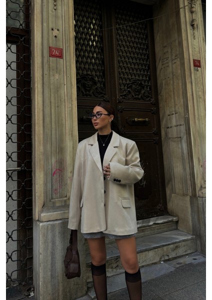Bej Süet Düğmeli Blazer Ceket