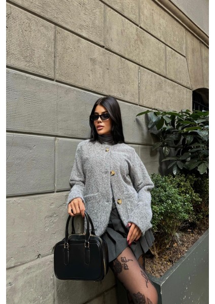 Gri Fırçalı Kaşe Crop Ceket
