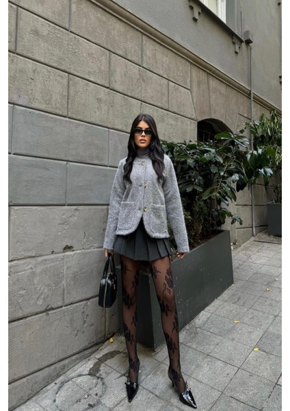 Gri Fırçalı Kaşe Crop Ceket