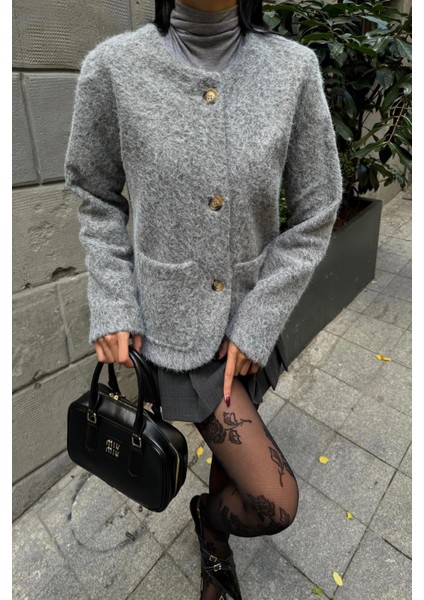 Gri Fırçalı Kaşe Crop Ceket