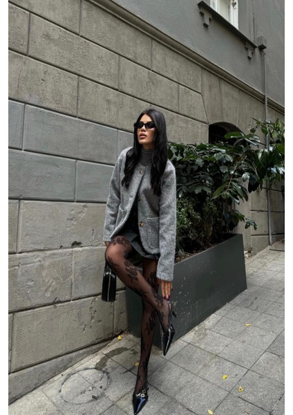 Gri Fırçalı Kaşe Crop Ceket