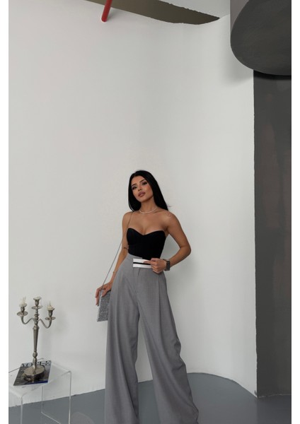 Bel Şerit Detaylı Gri Pantolon