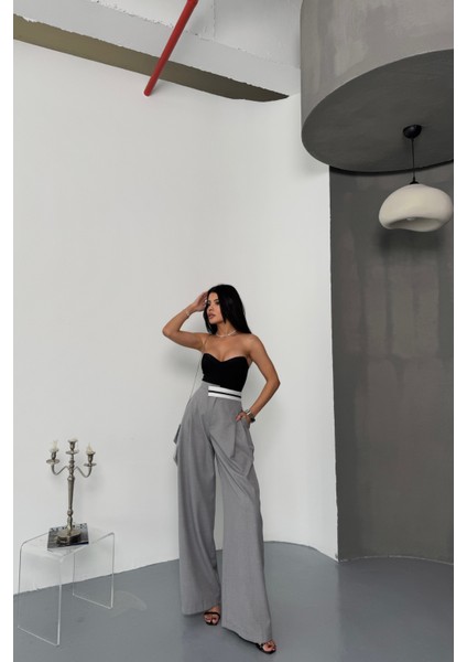 Bel Şerit Detaylı Gri Pantolon