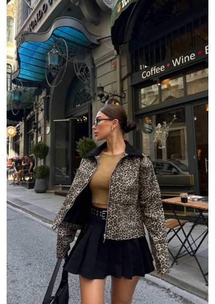 Leopar Desen Crop Ceket
