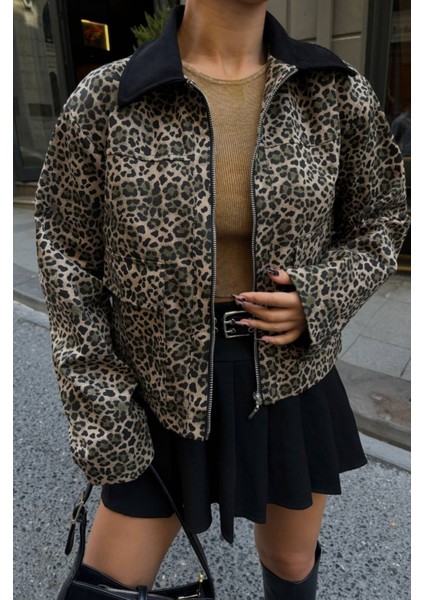 Leopar Desen Crop Ceket