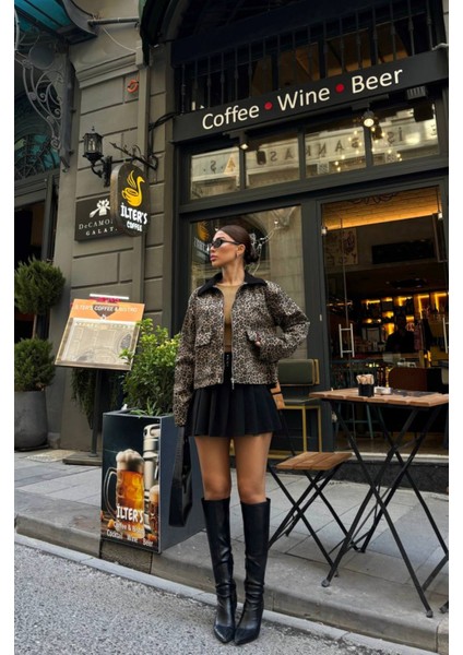 Leopar Desen Crop Ceket