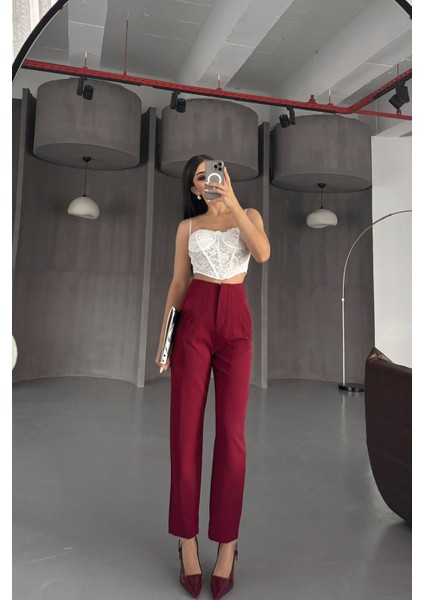 Bordo Atlas Kumaş Pensli Pantolon
