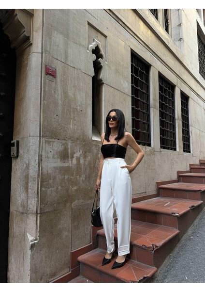 Paçası Cırtlı Pantolon - Beyaz