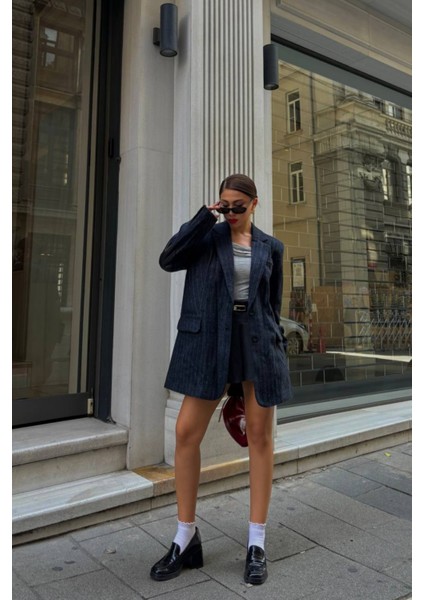 Lacivert Kaşe Çizgili Blazer Ceket
