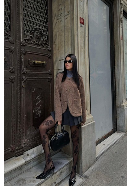 Kahverengi Fırçalı Kaşe Crop Ceket