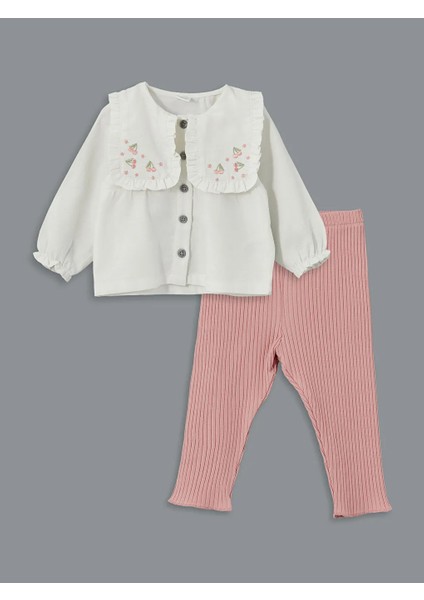 Lcw Baby Ekru Bisiklet Yaka Nakışlı Kız Bebek Gömlek ve Tayt 2'li T T