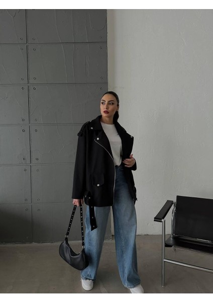 Kaşe Oversize Mont - Siyah