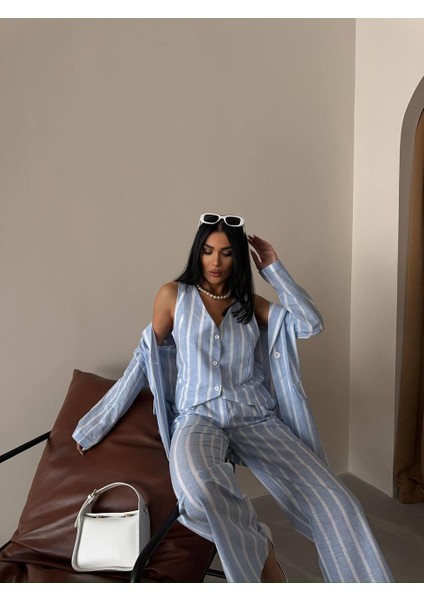 Çizgili Ceket Keten - Mavi modelleri