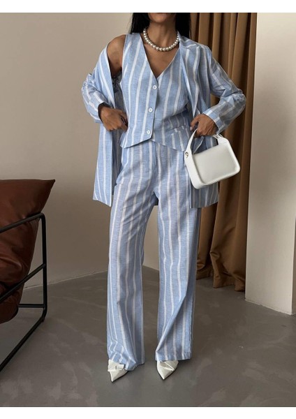 Çizgili Ceket Keten - Mavi indirimleri