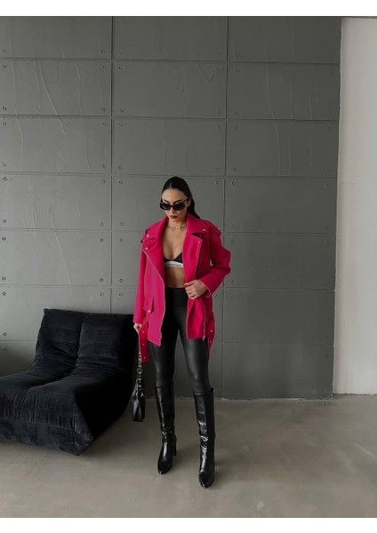 Kaşe Oversize Mont - Fuşya