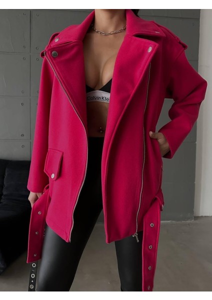 Kaşe Oversize Mont - Fuşya