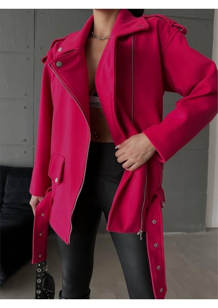 Kaşe Oversize Mont - Fuşya