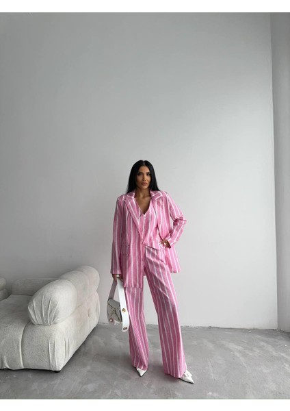 Çizgili Ceket Keten - Pembe