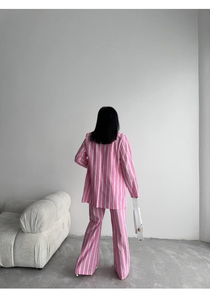 Çizgili Ceket Keten - Pembe fırsatları