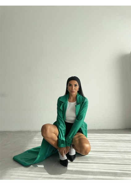 Kapitone Deri Trench - Yeşil