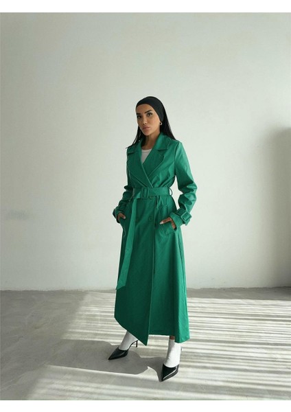 Kapitone Deri Trench - Yeşil