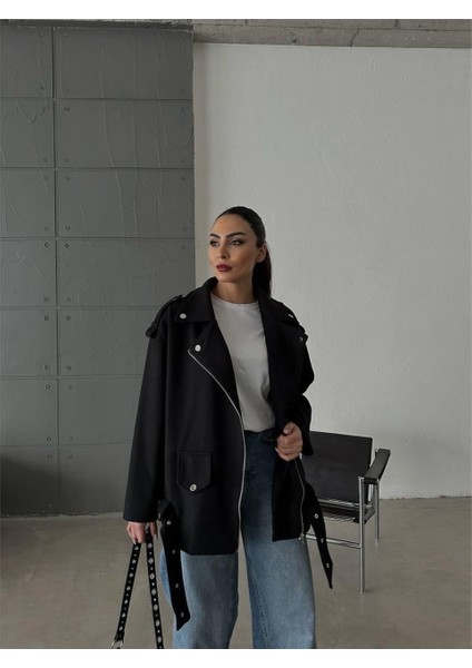 Kaşe Oversize Mont - Siyah