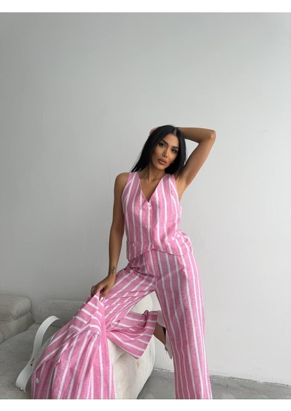 Çizgili Ceket Keten - Pembe