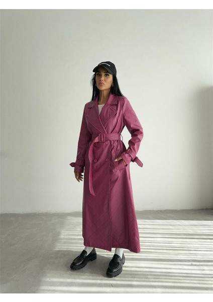 Kapitone Deri Trench - Fuşya