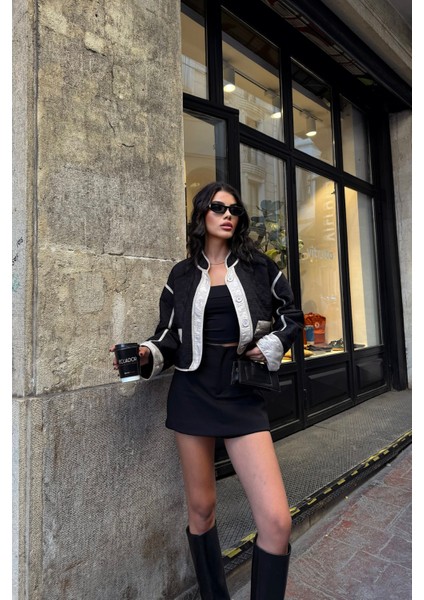 Siyah Lando Kumaş Elyaflı Crop Mont