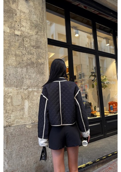 Siyah Lando Kumaş Elyaflı Crop Mont