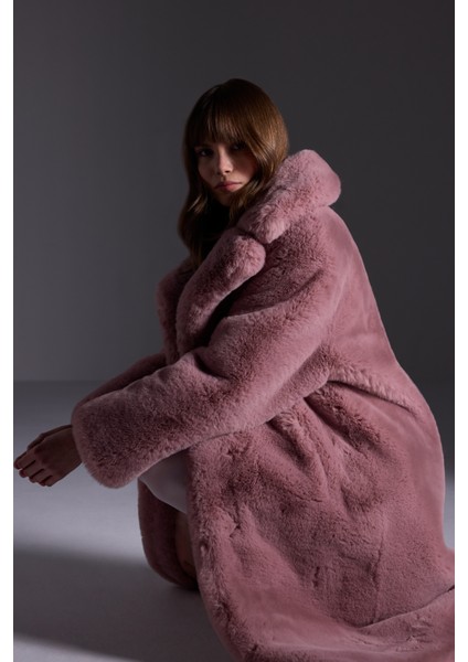 AÇELYAOKCU Premium Uzun Tüylü Kadın Rex Suni Kürk Kaban