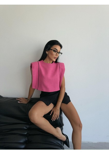 Vatkalı Biye Detay Crop Bluz Fuşya